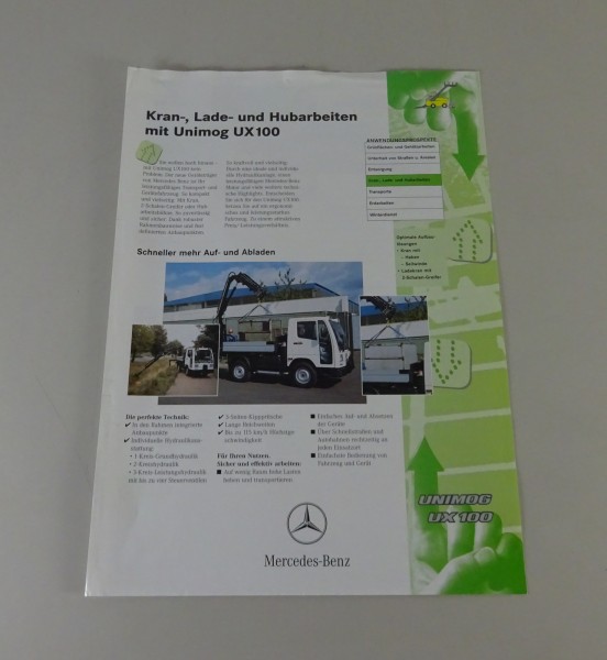 Prospektblatt / Broschüre Mercedes-Benz Unimog UX 100 mit Ladekran Stand 07/1998