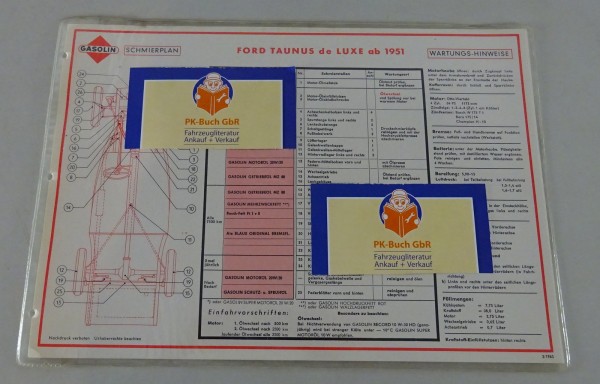 Gasolin Schmierplan für Ford Taunus de Luxe Weltkugel G13 ab Baujahr 1951