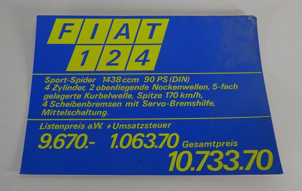 Preisschild Fiat Händler für Fiat 124 Sport-Spider Stand ca. 1968