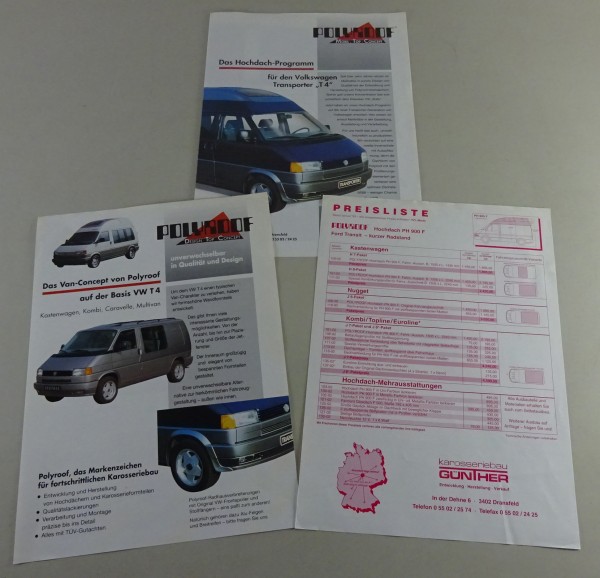 Prospekt + Preisliste Polyroof Hochdach Programm VW T4 Transporter Stand 1993