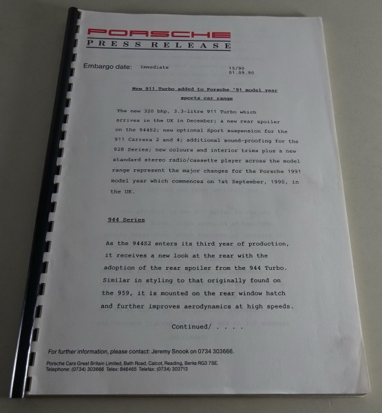 Presseinformation Porsche 911/Turbo | 944 | 928 Stand 09/1990 Englisch