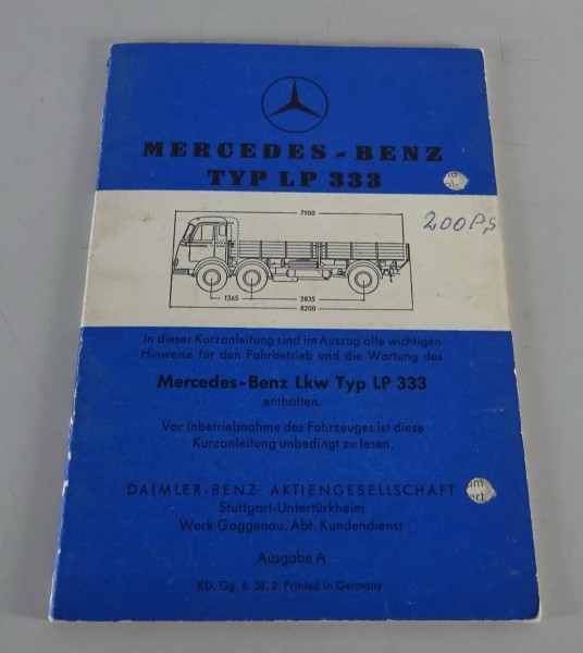 Kurzanleitung / Handbuch Mercedes-Benz LKW LP 333 Stand 06/1958