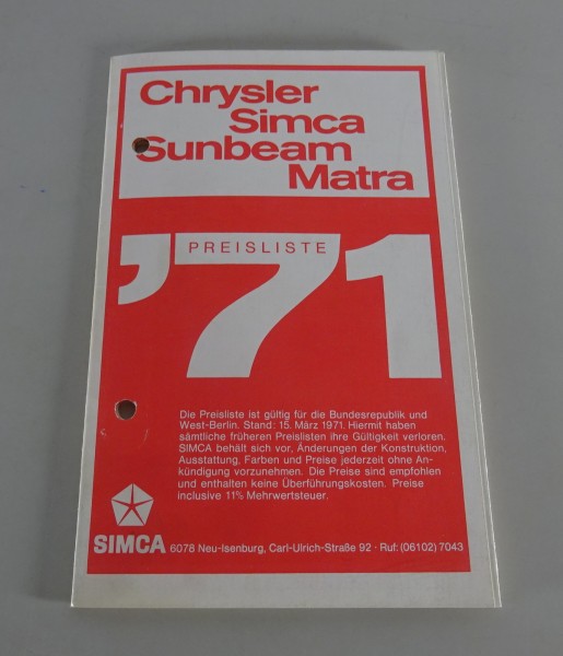 Preisliste / Prospekt Simca / Chrysler / Sunbeam / Matra von 03/1971
