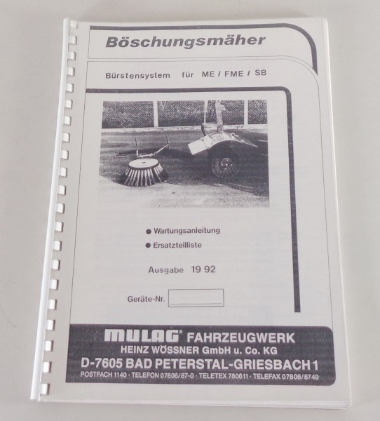 Teilekatalog Mulag Böschungsmäher ME, FME, SB Bürstensystem von 1992