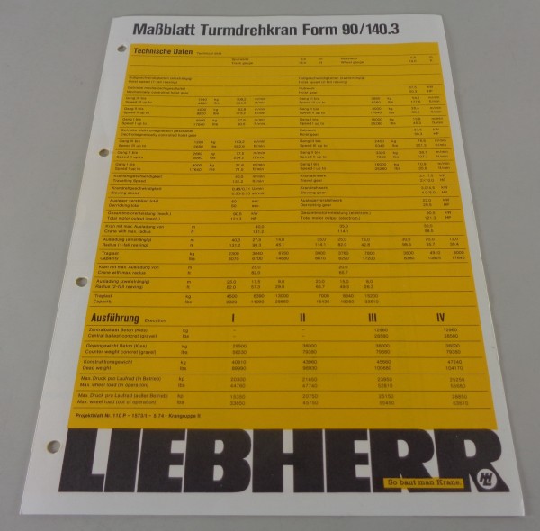 Datenblatt / Technische Beschreibung Liebherr Turmdrehkran 90/140.3 von 05/1974