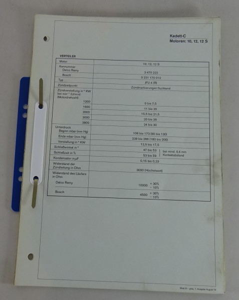 Service Information / Einstelldaten Opel Kadett C - Motor 10 12 12S von 08/1974