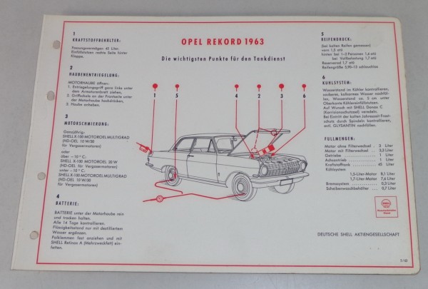 Shell Schmierplan für Opel Rekord A Stand 05/1963