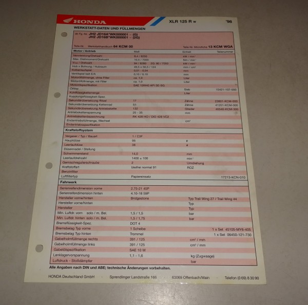 Inspektionsblatt Honda XLR 125 R Baujahr 1998