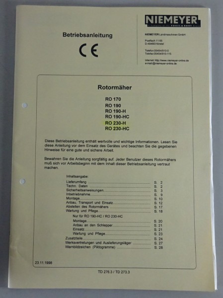 Betriebsanleitung Niemeyer Rotormäher RO 170 | 190 /-H/-HC | 230-H/-HC 11/1998