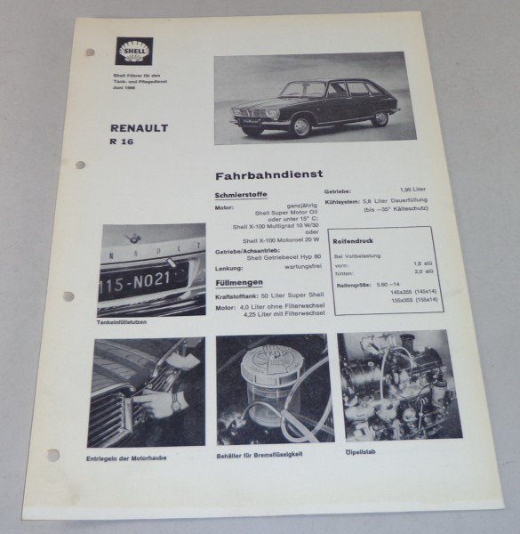 Shell Schmierplan für Renault R 16 Stand 06/1966