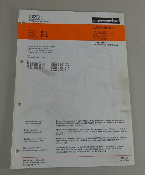 Teilekatalog / Ersatzteilliste Eberspächer Heizgeräte B1L / D1L von 03/1986