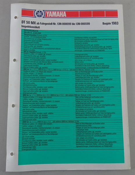 Inspektionsblatt Yamaha DT 50 MX Typ 13N Baujahr 1983