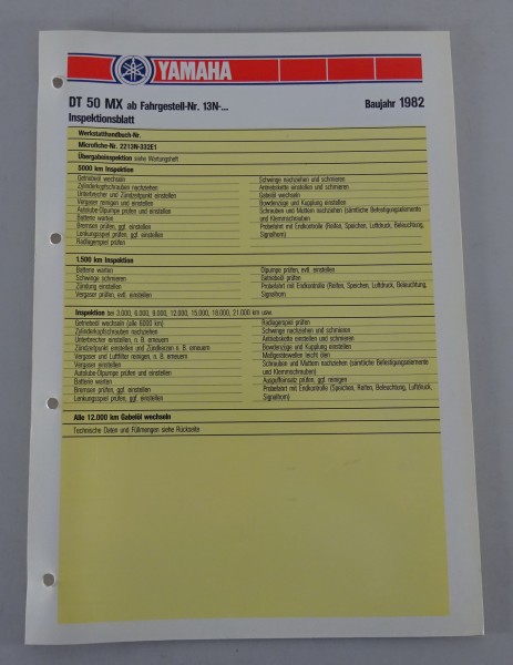 Inspektionsblatt Yamaha DT 50 MX Typ 13N Baujahr 1982