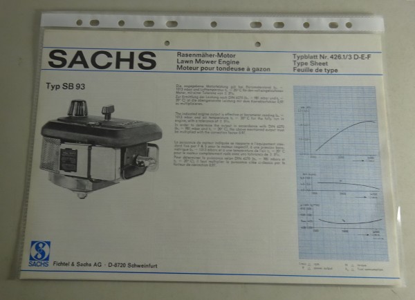 Typenblatt /Technische Daten Sachs Typ SB 93 Stand 08/1976 Blattnr. 426.1/3D-E-F