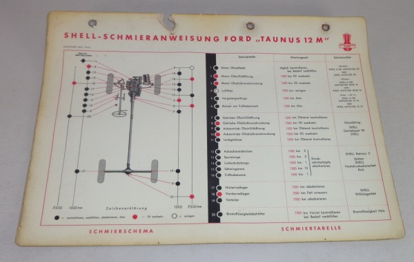 Shell Schmierplan für Ford Taunus 12 M G13 Weltkugel Stand 05/1952