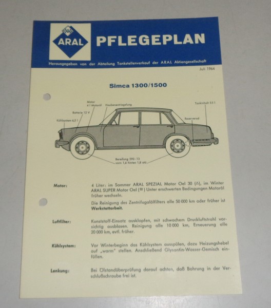Service Mitteilung Aral Simca 1300 / 1500 von 07/1964