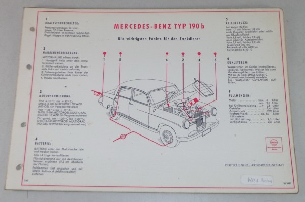 Shell Schmierplan für Mercedes Benz 190 b W121 Ponton Stand 07/1960