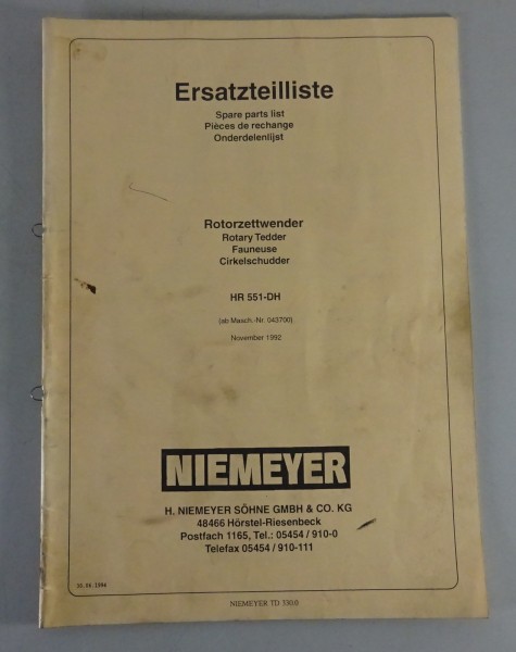 Teilekatalog / Spare Parts List Niemeyer Rotor-Zettwender HR 551-DH von 06/1994