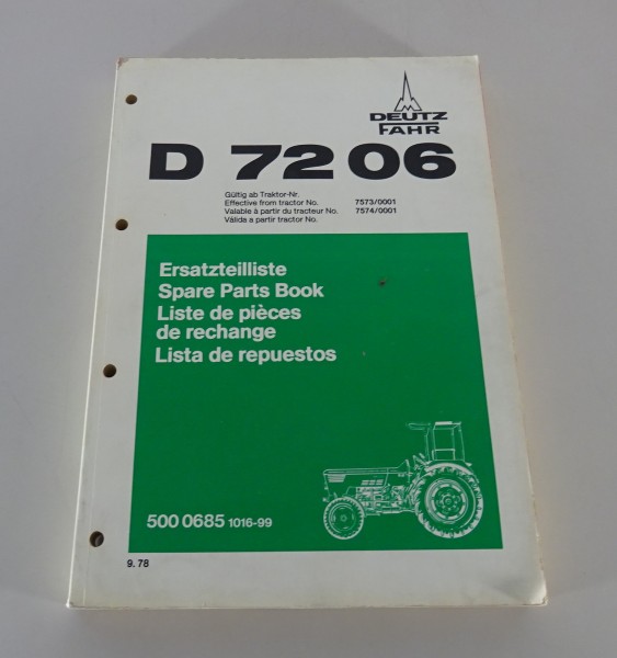 Teilekatalog / Ersatzteilliste Deutz Traktor D 72 06 Stand 09/1978