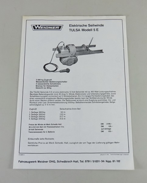 Prospektblatt Weidner Elektrische Seilwinde Tulsa Modell 5 E Stand 1973