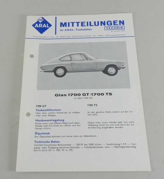 Service Mitteilung Aral Glas 1700 GT / 1700 TS von 04/1966