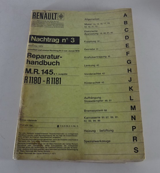 Werkstatthandbuch Nachtrag Renault 6 R6 R1180 - R1181 Stand 11/1970