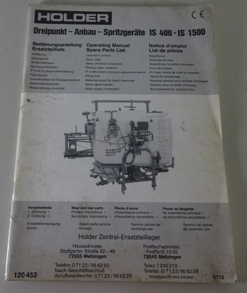 Betriebsanleitung / Ersatzteilliste Holder Dreipunkt - Spritzgerät IS 400 - 1500