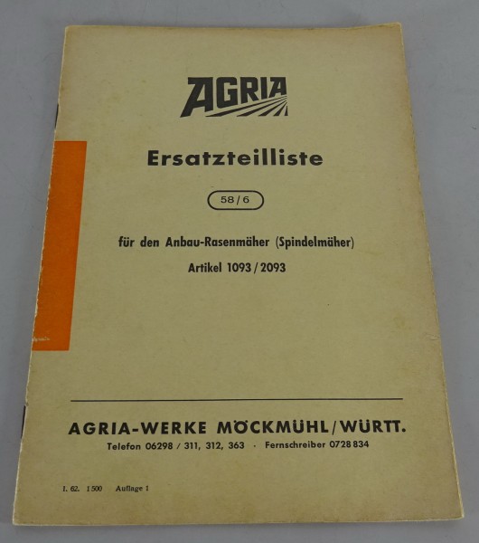 Teilekatalog / Ersatzteilliste Agria Anbau-Rasenmäher / Spindelmäher von 01/1962