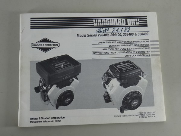 Betriebsanleitung / Wartungsanleitung Briggs & Stratton 290400 294400 303400...