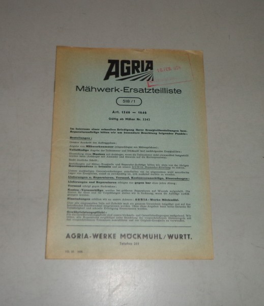Teilekatalog / Ersatzteilliste Agria Werke Mähwerk 518/1 - Stand 1953