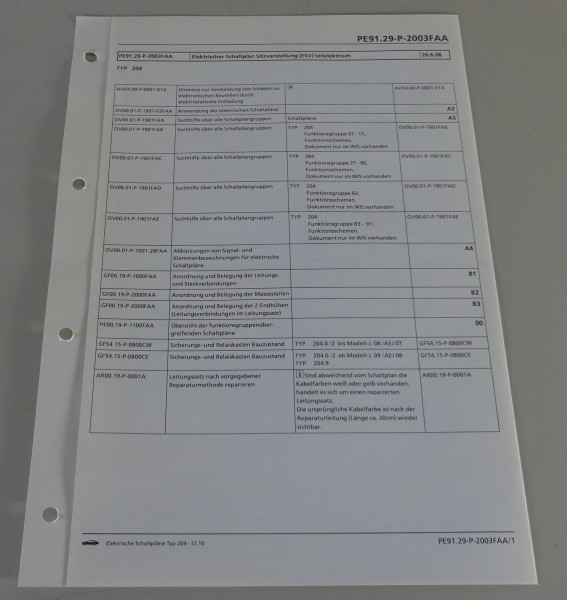 Schaltplan Mercedes-Benz W204 Sitzverstellung (ESV) teilelektrisch Typ 204 12/10