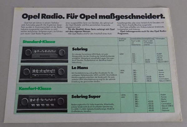 Modellübersicht Opel Autoradio mit Sebring, LeMans + Cassette Stand 03/1976