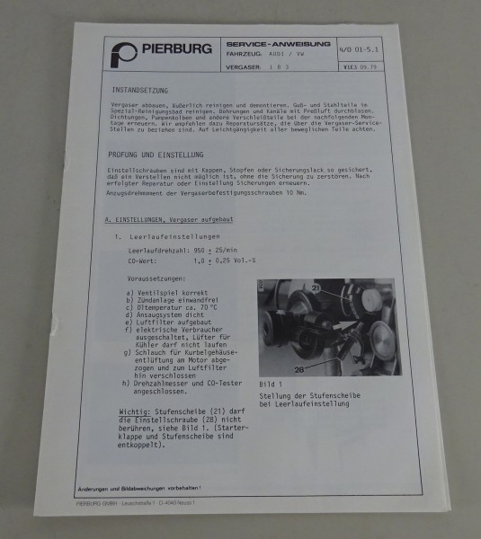 Handbuch Pierburg Vergaser 1B3 in VW / Audi Stand 09/1979