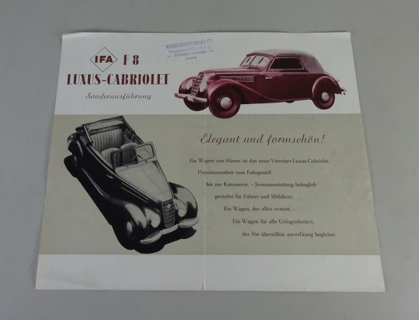 Prospektblatt / Broschüre IFA F8 Luxus-Cabriolet Sonderausführung Stand 1954