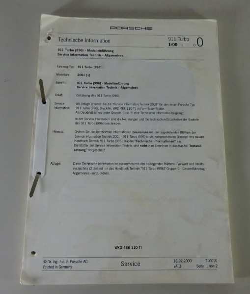 Werkstatthandbuch / Service Information Porsche 911 Turbo Typ 996 Modelljahr ´01