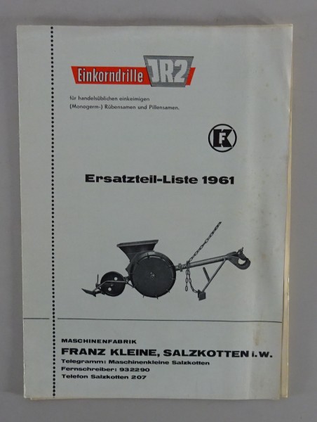 Betriebsanleitung + Teilekatalog Fk Franz Kleine Einkorndrille JR2 Stand 1961