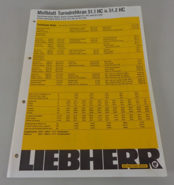 Datenblatt Liebherr Turmdrehkran 51.1 HC u. 51.2 HC von 02/1977