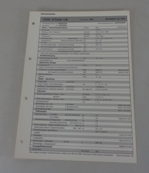 Inspektionsblatt Honda Civic 5-Türer 1.4i Typ MA8 Modelljahr ab 1996