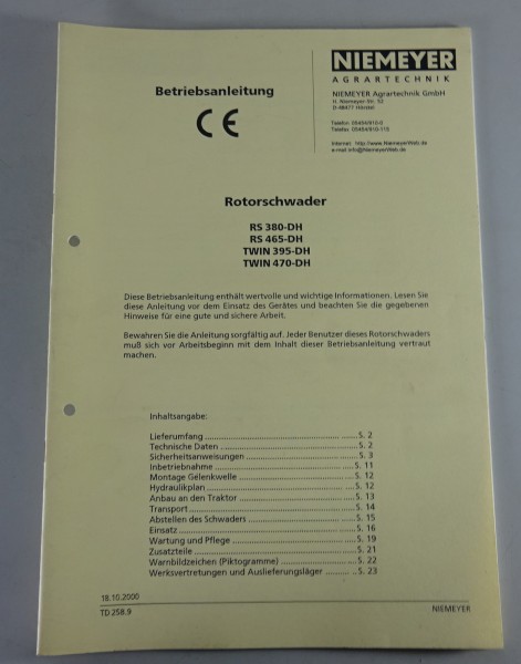 Betriebsanleitung Niemeyer Rotorschwader RS 380-DH/465-DH | TWIN 395-DH/470-DH