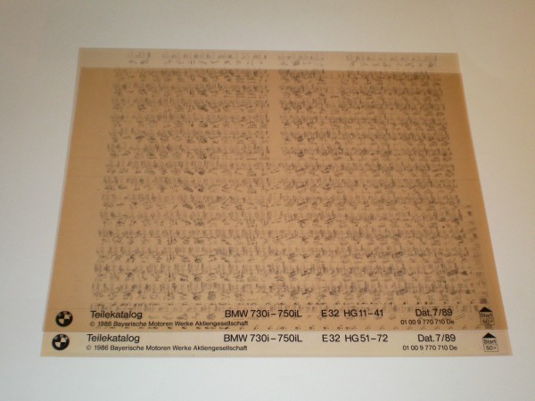 Microfich Ersatzteilkatalog / Teilekatalog BMW 730i - 750iL / E32 - Stand 07/89