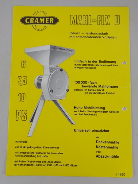 Prospekt / Prospektblatt Cramer "Mahl-Fix U" als Decken-, Kasten-, Absackmühle