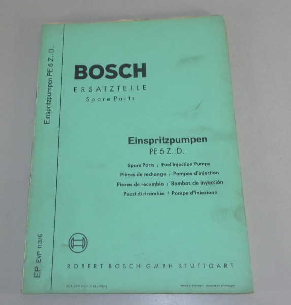 Teilekatalog / Parts list Bosch Einspritzpumpen PE 6 Z.. D.. von 6/1963