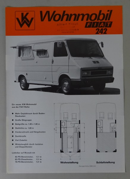 Prospektblatt Weinsberg / Fiat 242 Wohnmobil mit Händlerstempel | Stand 09/1975