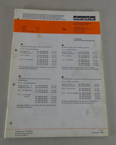 Technische Beschreibung/Einbauanweisung Eberspächer Heizgerät D4L Stand 09/1982