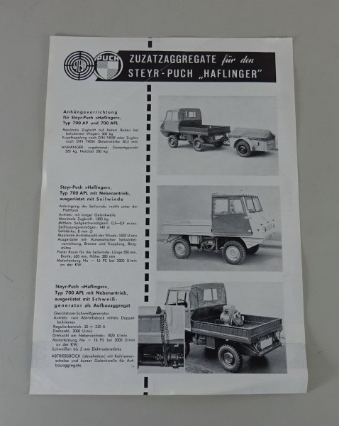 Prospektblatt Steyr-Puch Haflinger Zusatzgeräte Stand ca. 1960