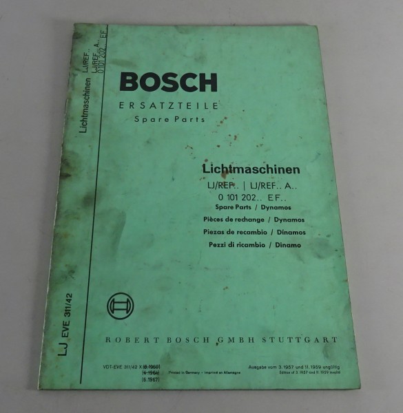 Teilekatalog / Spare Parts Bosch Lichtmaschinen LJ/REF../ LJ/REF..A von 06/1967