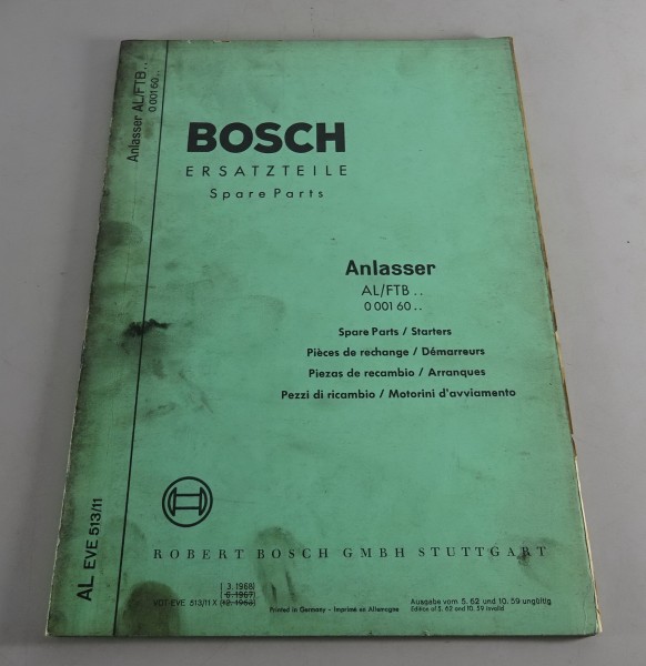 Teilekatalog Bosch Anlasser AL / FTB .. 0 001 60.. von 03/1968