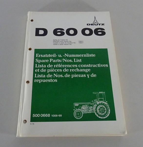 Teilekatalog / Ersatzteilliste Deutz Traktor D 60 06 Stand 11/1975
