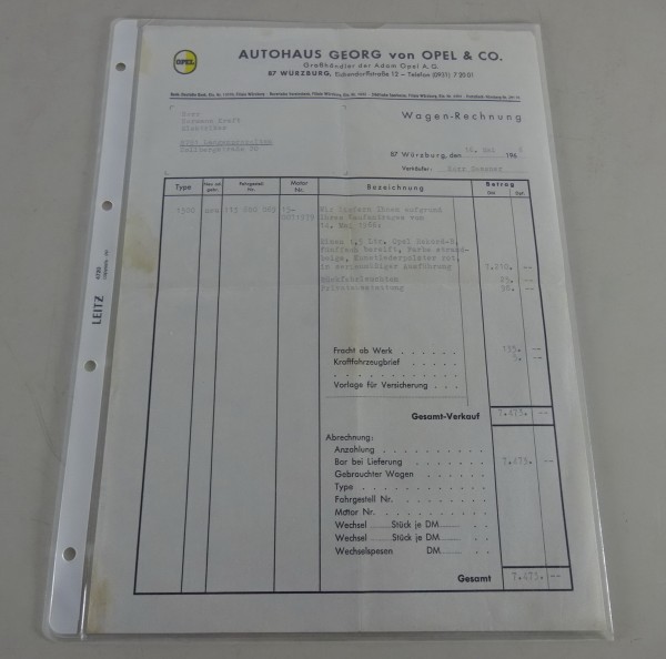 Neuwagenrechnung Opel Rekord B 1,5l Stand 05/1966