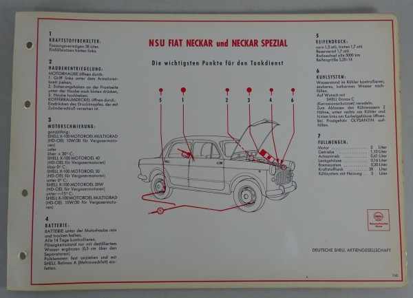 Shell Schmierplan NSU Fiat Neckar und Neckar Spezial Stand 07/1962